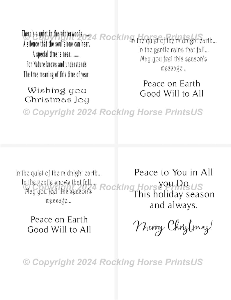 May include: A black and white printable Christmas card with the text "Wishing you Christmas Joy" and "Peace on Earth Good Will to All". The card also includes the text "Copyright 2024 Rocking Horse PrintsUS".