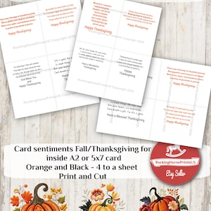 Peut inclure: Une impression numérique pour des cartes de Thanksgiving, avec des sentiments en texte rouge. Le design comprend plusieurs cartes avec des vœux de vacances, ainsi que des illustrations de citrouilles oranges et de feuilles d'automne. Le texte "Digital Download You Print" est en haut.