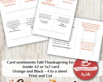 May include: A digital print for Thanksgiving cards, featuring sentiments in red text. The design includes several cards with holiday greetings, alongside illustrations of orange pumpkins and autumn leaves. The text "Digital Download You Print" is at the top.