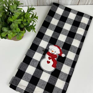 Embroidered Kitchen Towel- 18X28-Black & White-Plaid-Snowman Towel-Hand Towel-Kitchen Decor-Applique-Snowman with scarf-Christmas Gift
