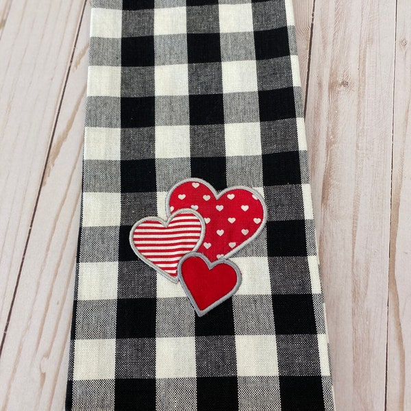 Embroidered Kitchen Towel- 18X28-Black & White-Buffalo Plaid-Valentine Towel-Hand Towel-Kitchen Decor-Applique-Triple Heart-Valentine Gift