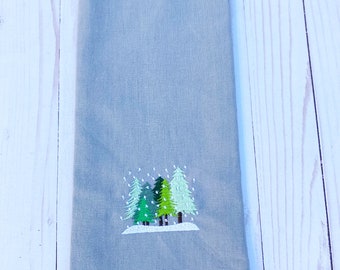Embroidered Kitchen Towel- 18X28-Gray-Trees-Hand Towel-Kitchen Decor-Holiday Gift-Christmas Gift-Embroidered-Winter Trees-Snow Trees-