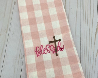 Gesticktes Geschirrtuch - 18X28-Pink & Weiß-Ostern-Handtuch-Küche Dekor-Gesegnetes Kreuz-Gesegnetes Ostertuch-Gesticktes Kreuz