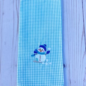 Embroidered Kitchen Towel- 18X28- Blue & White check-Snowman-Hand Towel-Kitchen Decor-Holiday Gift-Christmas Gift-Snowman Snowball