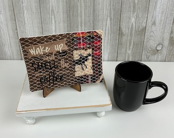 Posavasos para tazas - Posavasos bordado para tazas - Posavasos - Salvamanteles - Posavasos para bebidas - Regalo para la oficina - Regalo para profesores - Posavasos acolchado para tazas - Despierta y huele el café