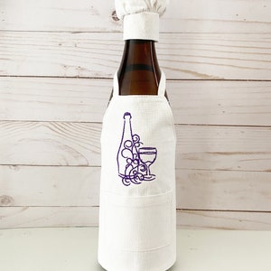 Wine Bottle Apron-Embroidered Apron-Wine Bottle and Glass-Wine Bottle Wrap-Wine Gift-Grape Vines
