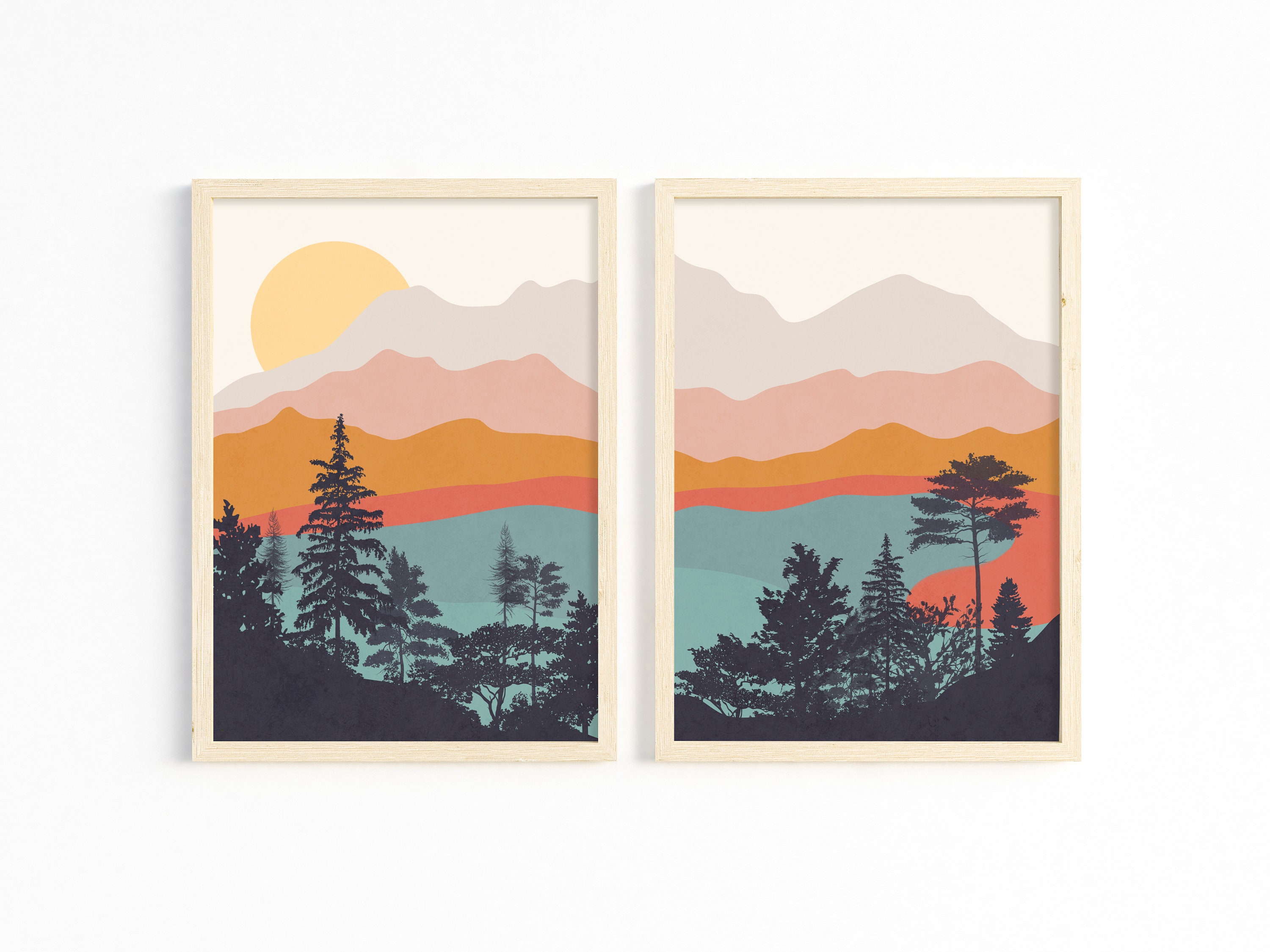 Modern Mountain Wall Art Mid Century Mountain Print Set of 2 Etsy