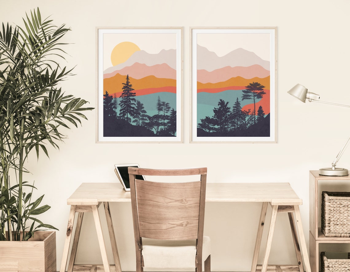 Modern Mountain Wall Art Mid Century Mountain Print Set of 2 Etsy
