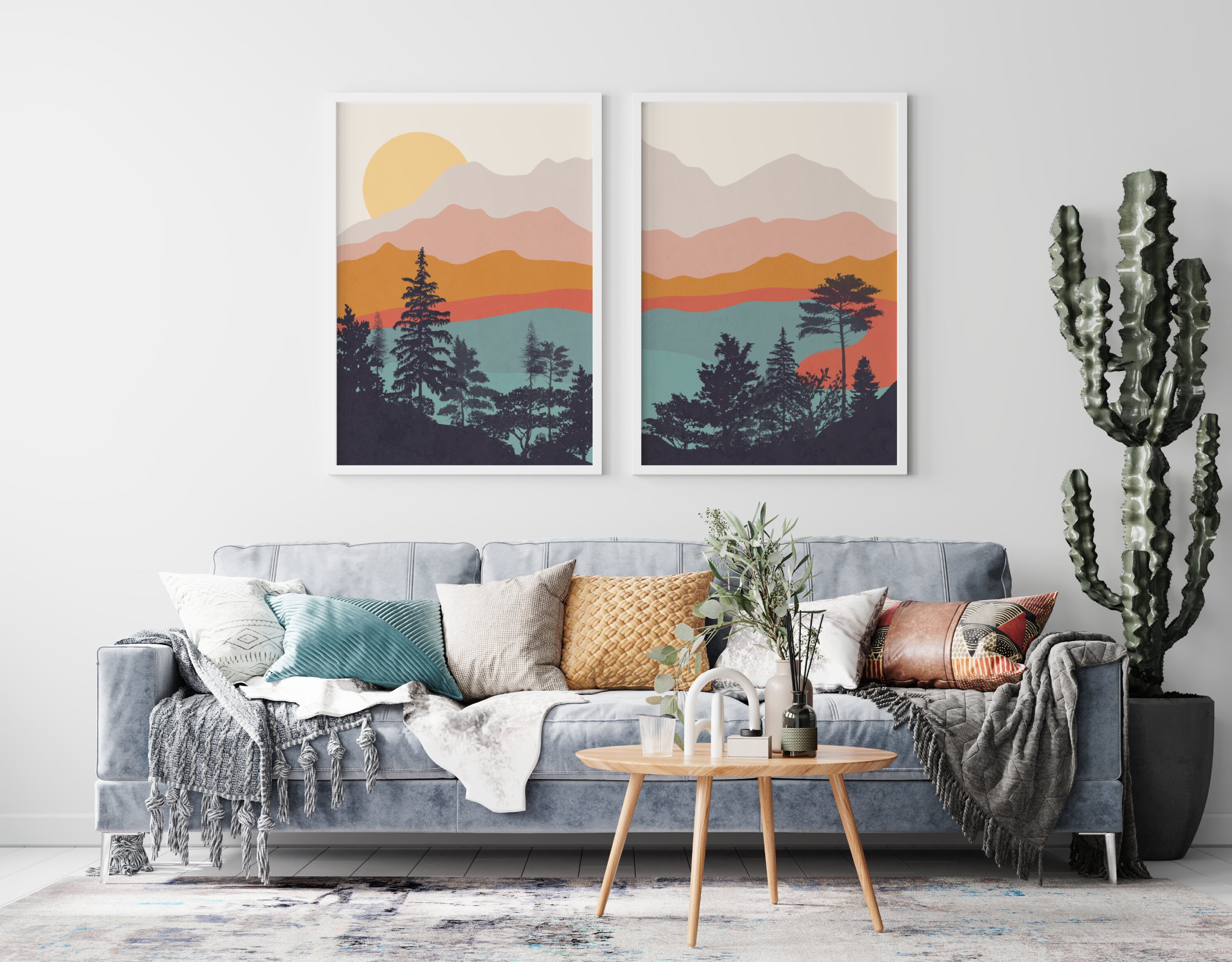 Modern Mountain Wall Art Mid Century Mountain Print Set of 2 Etsy