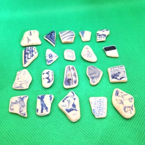 Può includere: Una collezione di ventuno frammenti di ceramica di forma irregolare con motivi blu e bianchi. I frammenti variano per dimensioni e design, con motivi floreali, geometrici e astratti. Lo sfondo è verde.