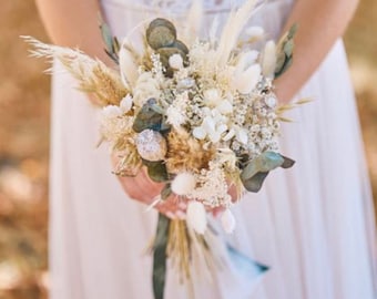 Bouquet de mariée blanc et vert en fleurs séchées