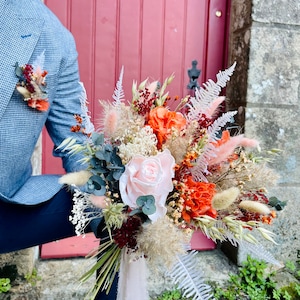 Bridal bouquet and boutonniere in matching dried flowers