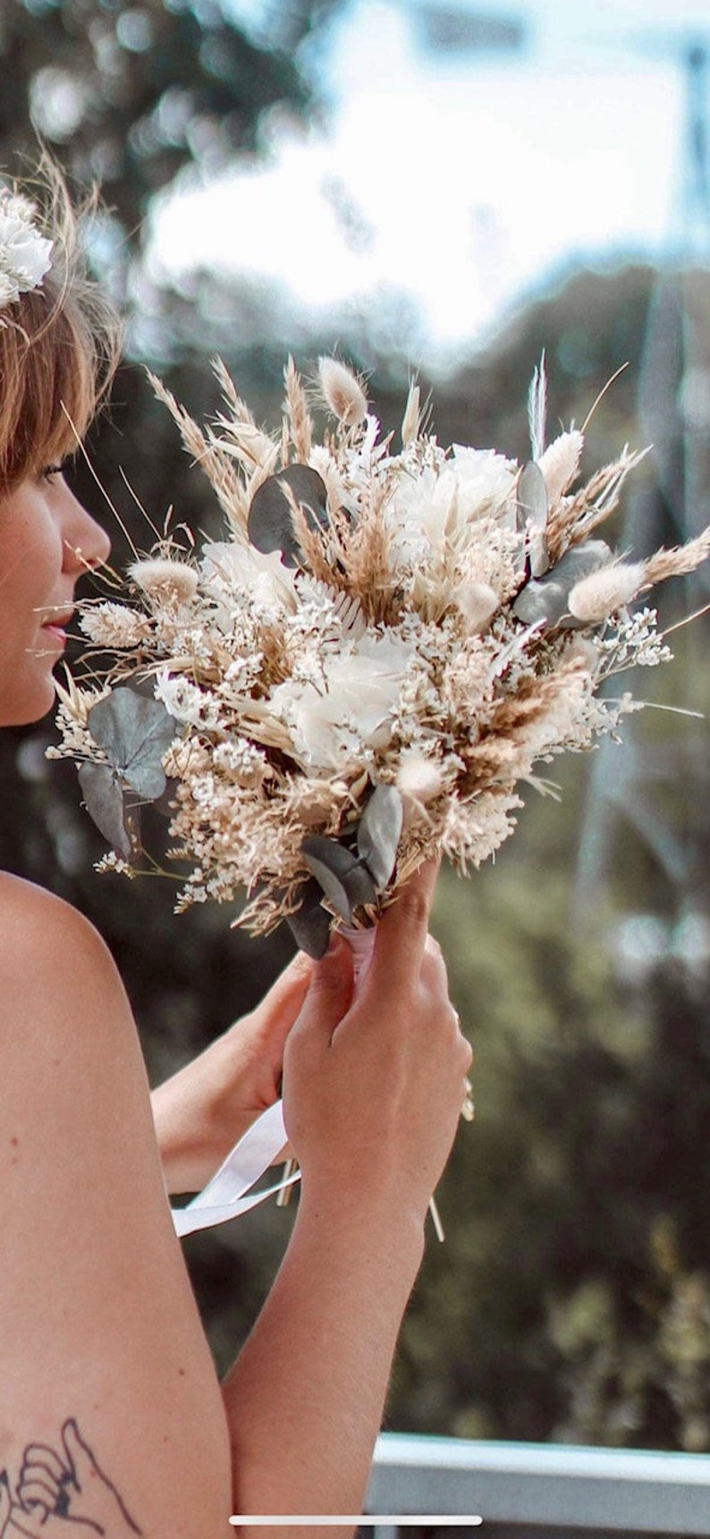 White and green bridal bouquet in dried flowers image 2