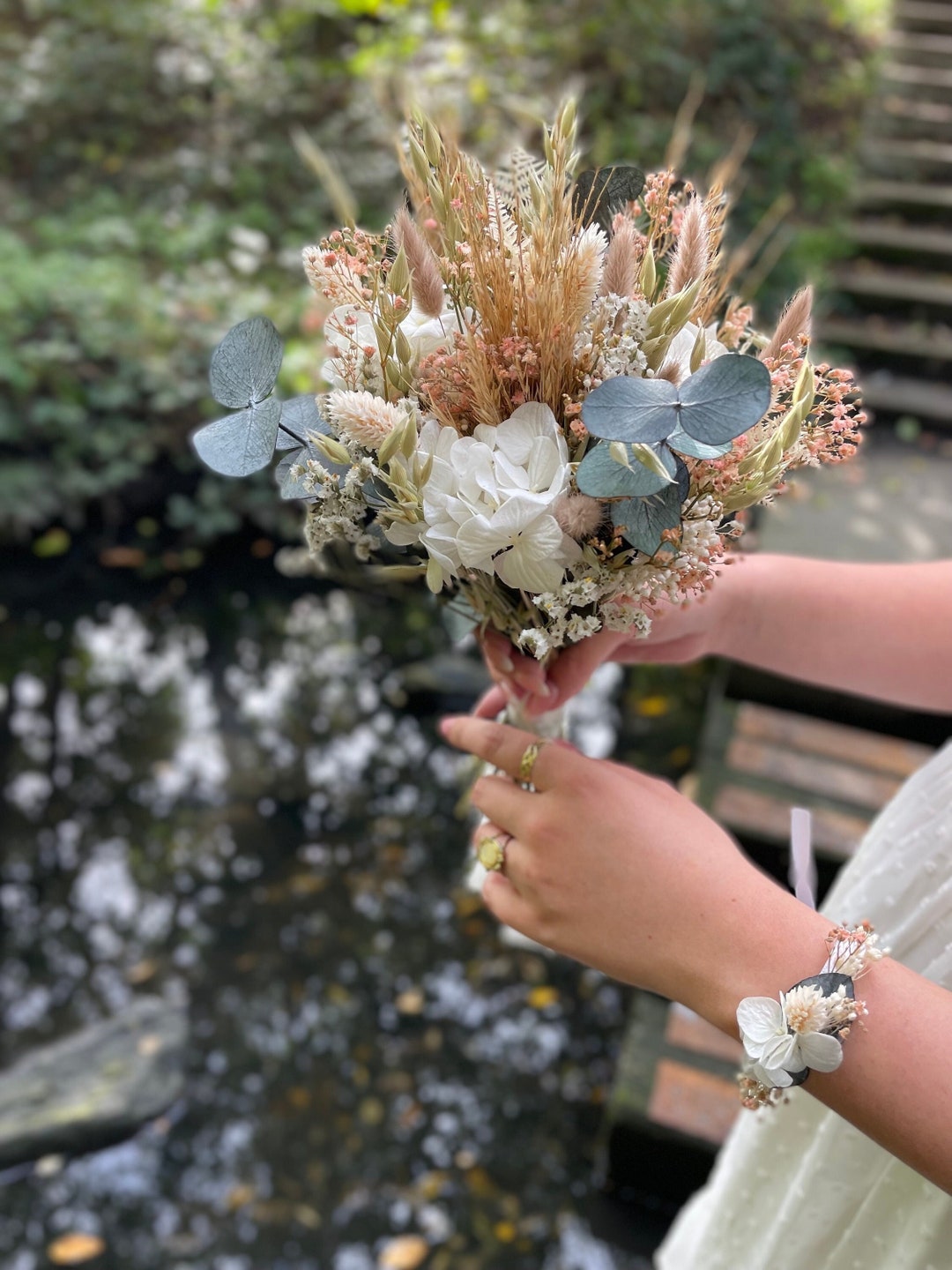 Bouquet de mariée bohème rose et vert en fleurs séchées - Etsy France