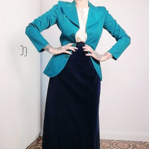 Vintage blue velvet long skirt, 1970s skirt
