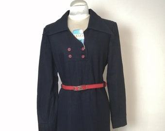 Vintage wool dress in dark blue with belt, 1970s era, new from a deadstock