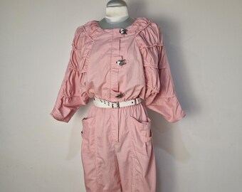 Vintage Overall jumpsuit in light cotton 1980s light pink  fabric