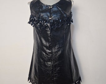 vintage fake patent leater, 1960s black dress with fringe