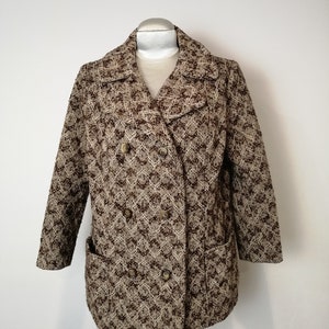 Vintage wool short coat in jaquard brown and beige,1960s modette warm jacket