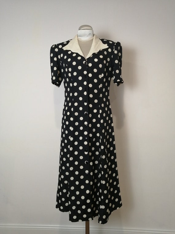 Vintage 1980s dress black and with with polka dot… - image 1