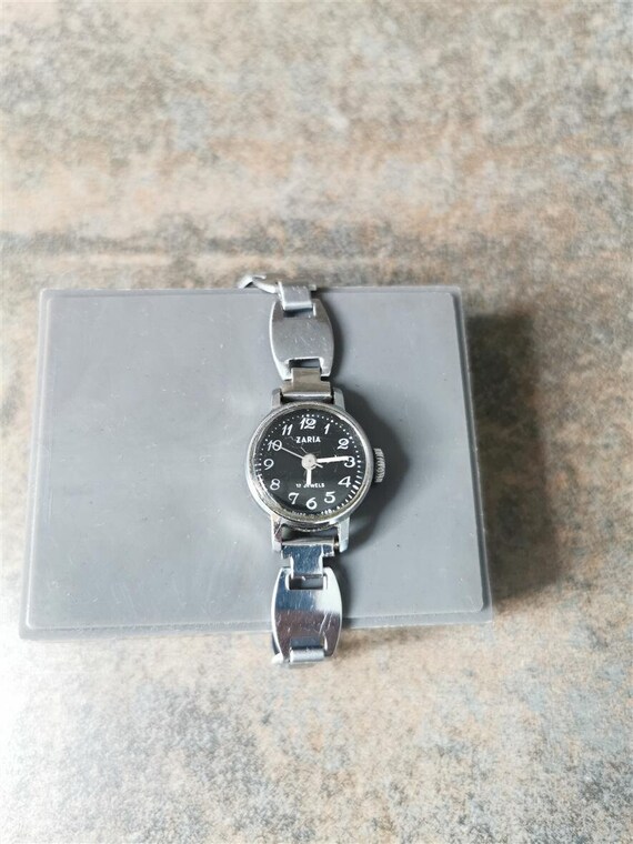 Montre Mécanique Femme Vintage Zaria 17 Bijoux - Automatique, Boîtier Argent, Bracelet Noir - Occasion
