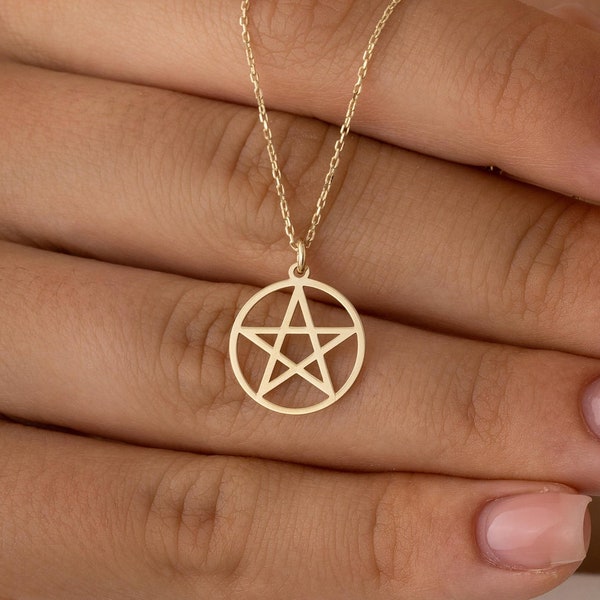 14k Gold Pentagram Necklace • Pentacle Charm • Pentagram Symbol Pendant • Solid Gold Goth Necklace • Geometric Star Necklace • Mystic Symbol