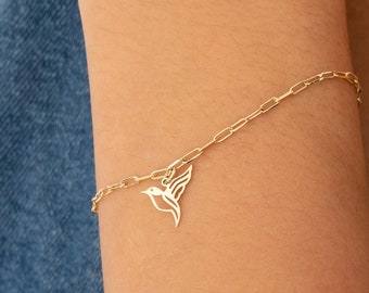 14k Solid Gold Hummingbird Bracelet: Dainty Bird Charm, Paperclip Chain