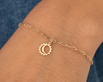 Brazalete de sol y luna de oro de 14 k con cadena de sujetapapeles • Brazalete de luna diminuta de oro • Brazalete celestial delicado • Brazalete de sol rosa • Dije de media luna