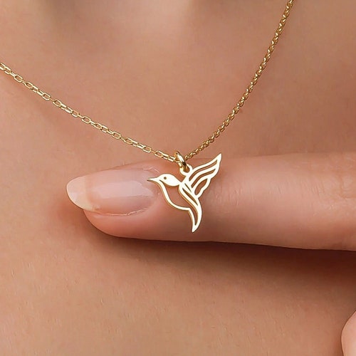 14k 18k 10k Solid Gold Diamond Hummingbird Pendant Necklace Etsy