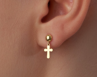 14k Gold Cross Earrings • Cross Dangle Earrings • Gold Ball Stud Cross Earrings • Tiny Real Gold Earrings • Dainty Cross Push Back Earrings