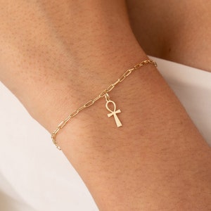 14k Gold Ankh Bracelet: Egyptian Cross Paperclip Chain Bangle