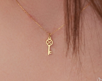 14k Solid Gold Key Necklace: Tiny Heart Pendant, Luck Charm
