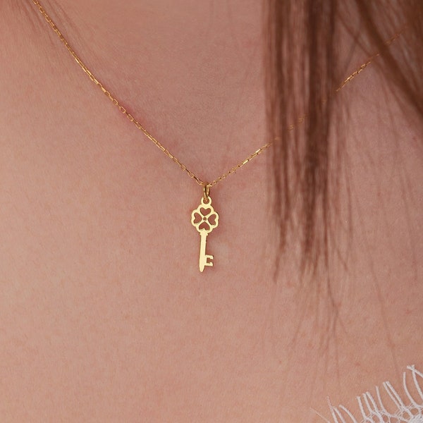 Tiny Key Necklace • 14k Solid Gold Heart Key Pendant • Gold Luck, Love Charm • Mother's Day Gift • Gift for Her • Minimalist Gold Necklace