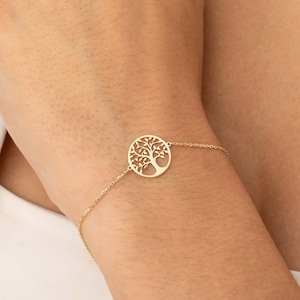14k Gold Tree of Life Bracelet • Family Tree Bracelet • Medallion Tree Charm Bracelet • Adjustable Bracelet • Cable Chain Bracelet