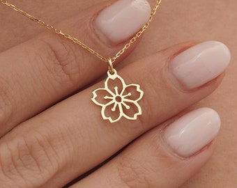 14k Gold Cherry Blossom Necklace: Dainty Sakura Flower Pendant