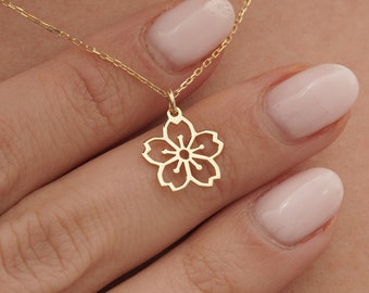 14k Gold Flower Necklace • Real Gold Flower Pendant • Tiny Cherry Blossom Necklace • Dainty Sakura Flower Charm • Birth Flower Necklace