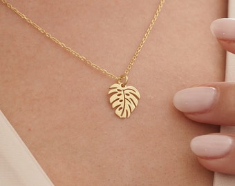 14k Gold Monstera Deliciosa Leaf Necklace • Monstera Foliage • Rose Gold Monstera Leaf Pendant • Dainty Tropical Leaf Charm • Plant Necklace