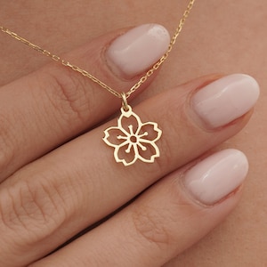 14k Gold Flower Necklace • Real Gold Flower Pendant • Tiny Cherry Blossom Necklace • Dainty Sakura Flower Charm • Birth Flower Necklace