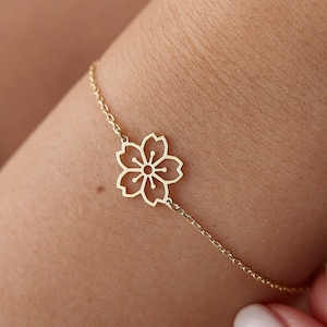 14k Gold Cherry Blossom Bracelet: Dainty Sakura Flower Charm