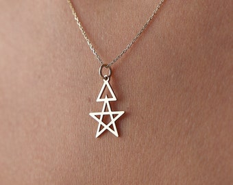 14k Solid Gold Pentagram Necklace: Witch Charm, Wiccan Amulet