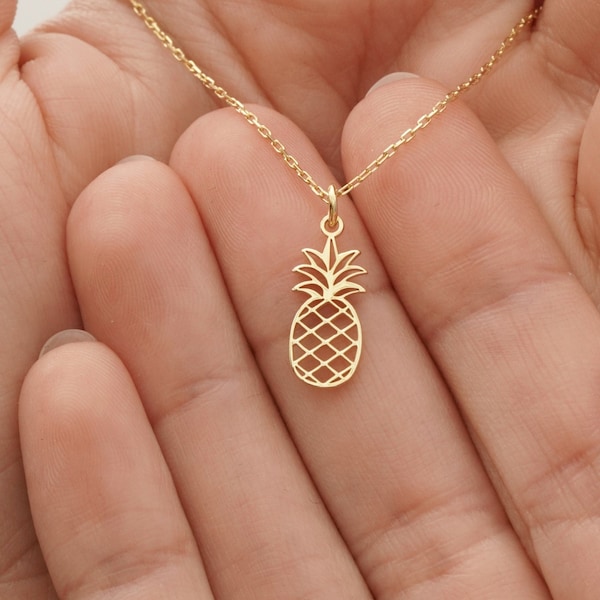 14-karätige Ananas-Halskette aus echtem Gold • Ananas-Schmuck aus massivem Gold • Anhänger mit tropischen Früchten • Ananas-Geschenke • Hawaiianische Sommer-Halskette