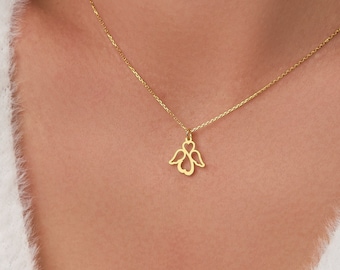 14k Solid Gold Guardian Angel Necklace with Heart Pendant