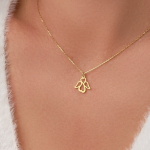 Tiny Guardian Angel Necklace with Heart • 14k Solid Gold Angel Wings Pendant • Mother's Day Gift • Mommy Necklace • Gifts for Orphans