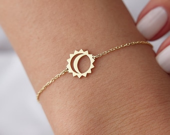 14k Gold Moon and Sun Bracelet: Dainty Celestial Jewelry