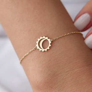 14k Gold Moon and Sun Bracelet: Dainty Celestial Jewelry
