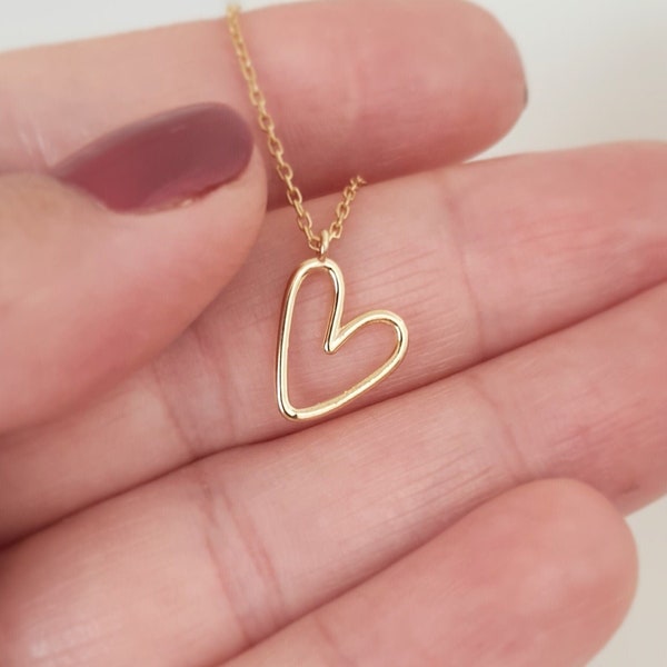 Tiny Open Heart Necklace Wire Form • 14k Solid Gold Heart Necklace • Love Symbol Pendant • Simple Heart Necklace •  Bridesmaid, Best Friend