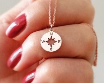 14k Solid Gold Compass Necklace: Dainty Nautical Pendant