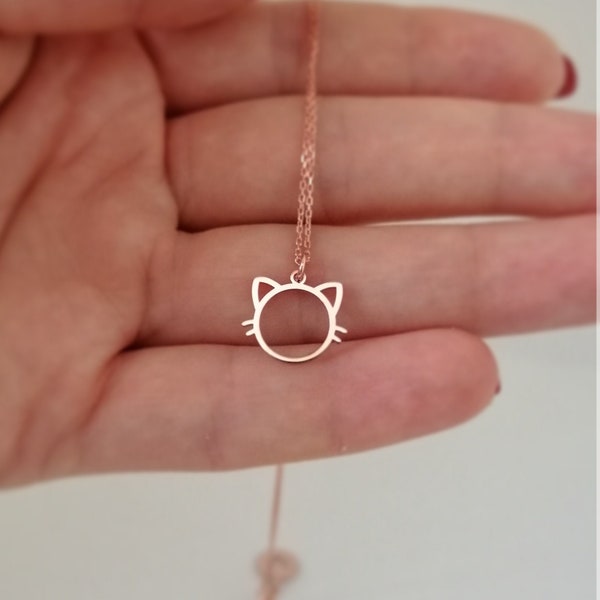 Tiny Cat Necklace, Sterling Silver Cat Head Necklace, Silver Cat Silhouette Necklace, Rose Gold,Silver Dainty Chain, Gift for Animal Lovers