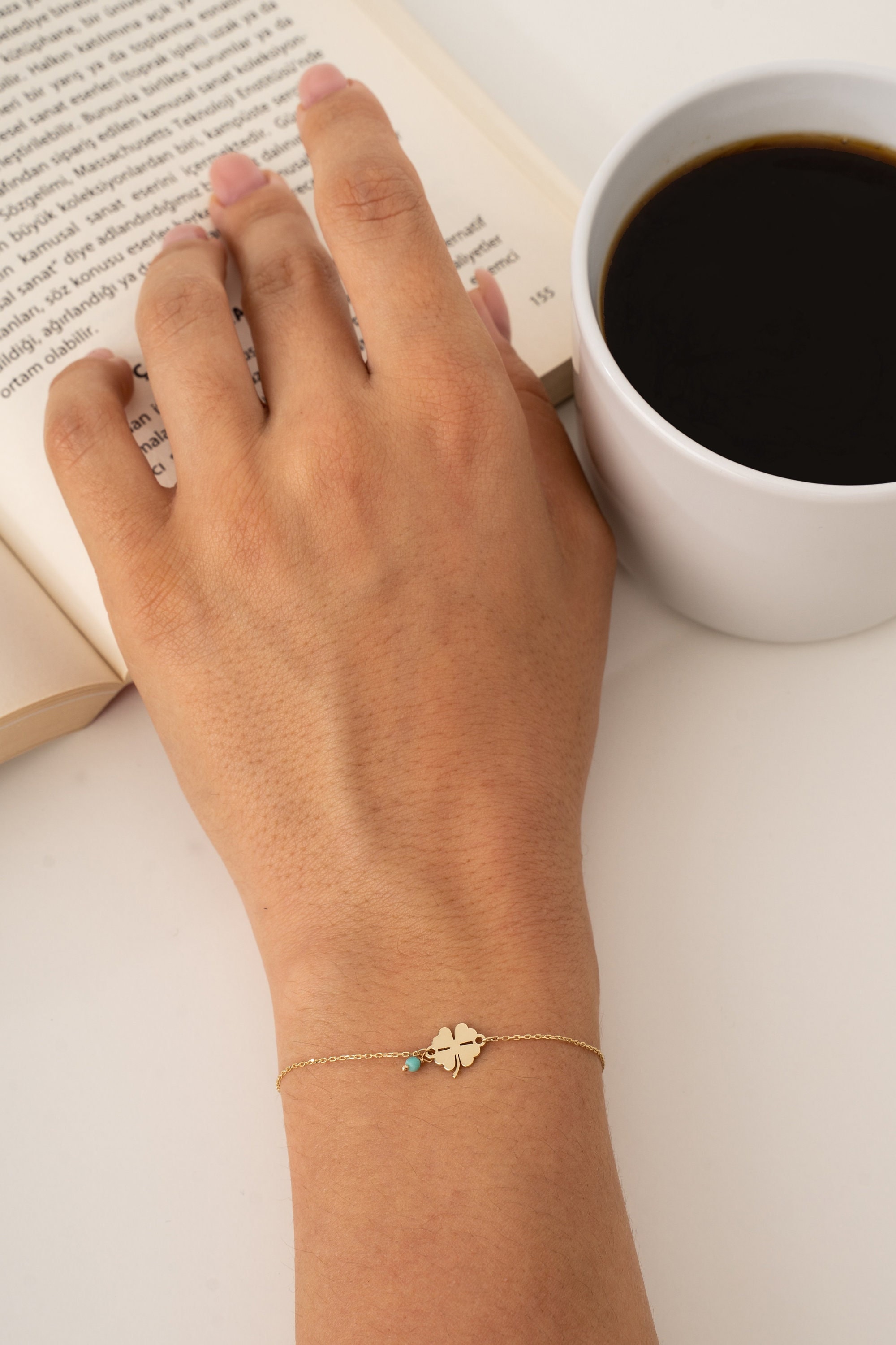 14K Solid Gold Green Clover Bracelet | 14K Yellow Gold Four Leaf Clover Bracelets for Women | Dainty Gold Luck Bracelets | Women's 14K Gold Jewelry