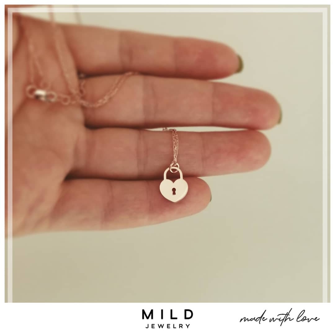 14k Solid Gold Heart Lock Necklace: Dainty Padlock Pendant
